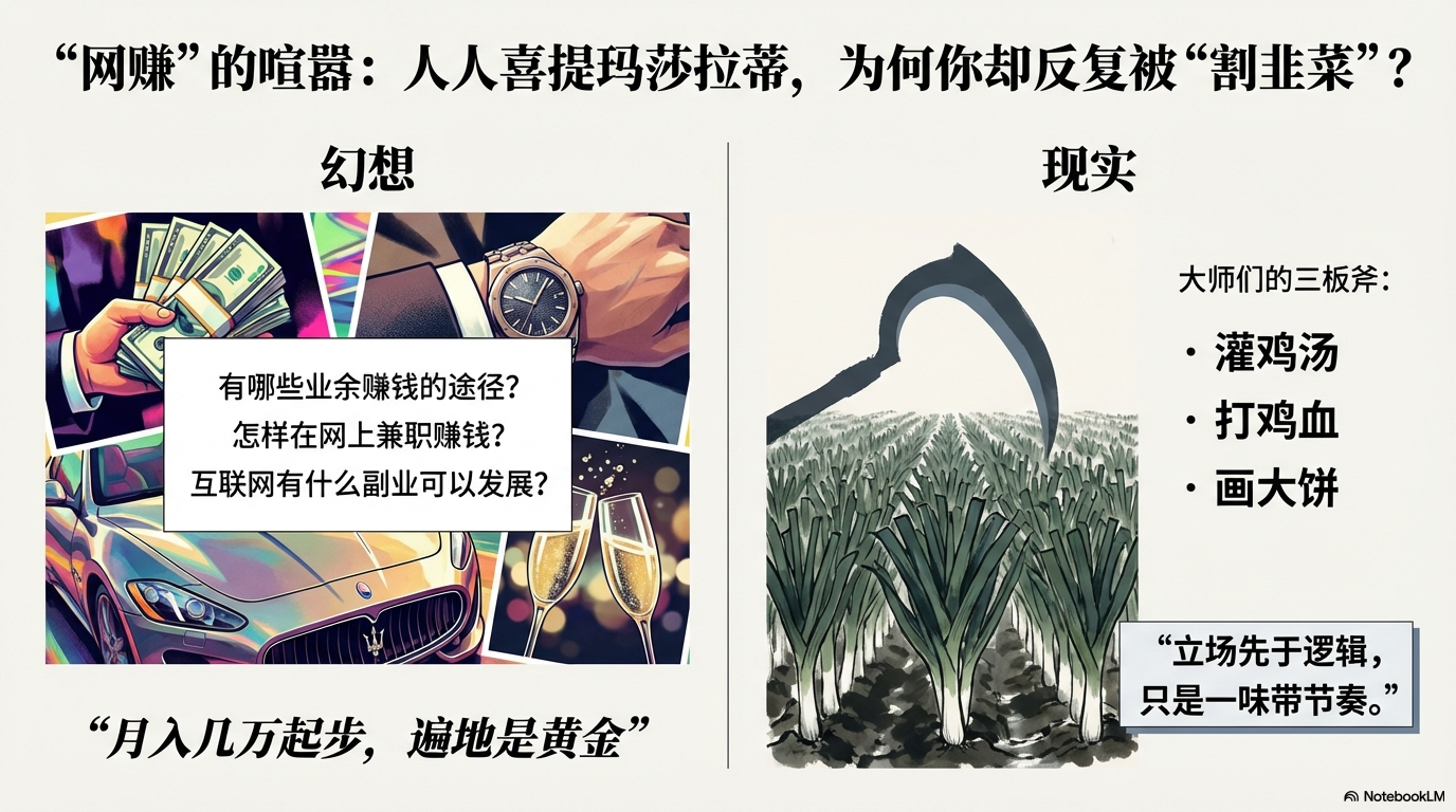 对比了互联网赚钱的幻想（豪车美酒）与现实（被收割韭菜），揭示了常见的营销套路。