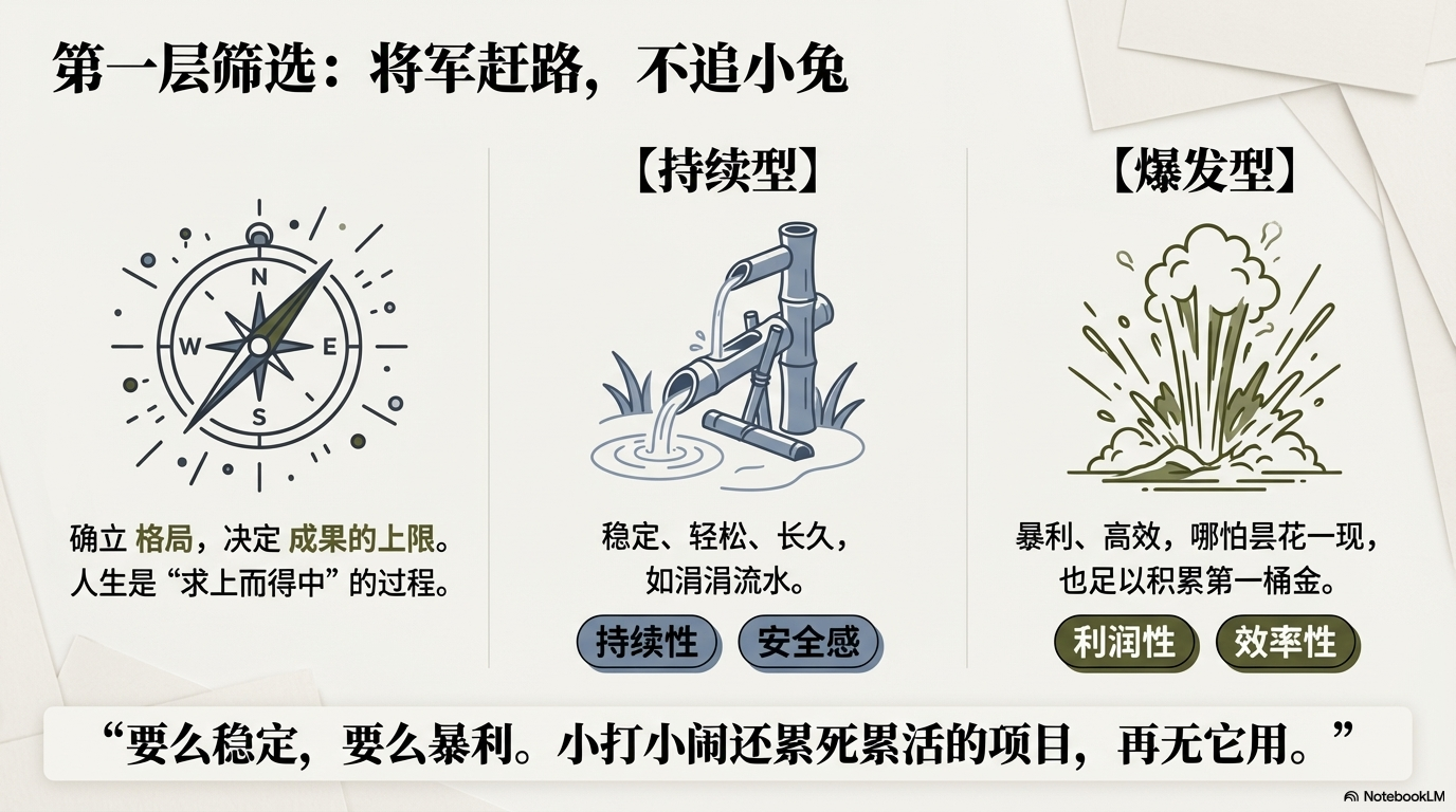 第一层筛选强调确立格局，将项目分为持续型（稳定安全）和爆发型（暴利高效）两种。