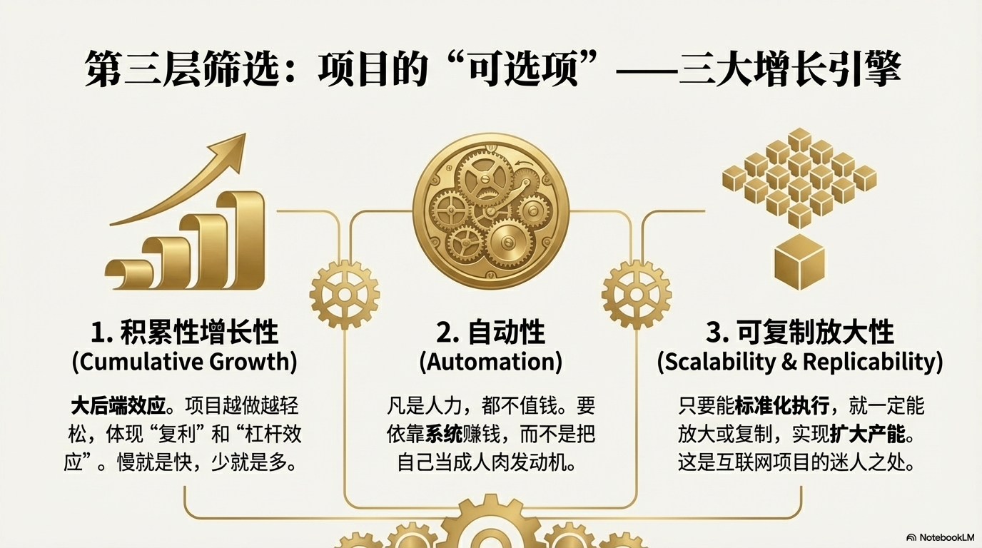 第三层筛选关注三大增长引擎：积累性增长性、自动化和可复制放大性。