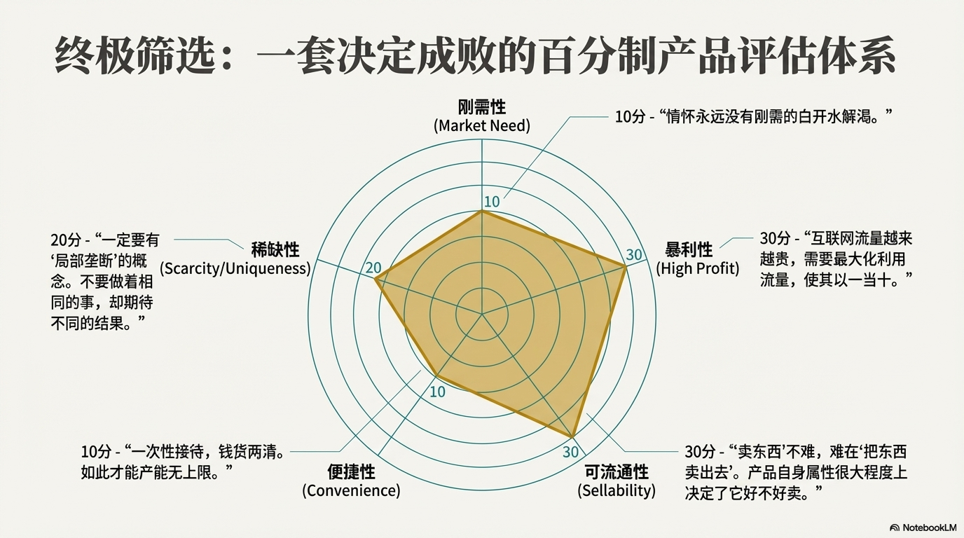 介绍终极筛选标准------一套百分制的雷达图评估体系，包括刚需性、暴利性、可流通性、便捷性和稀缺性。