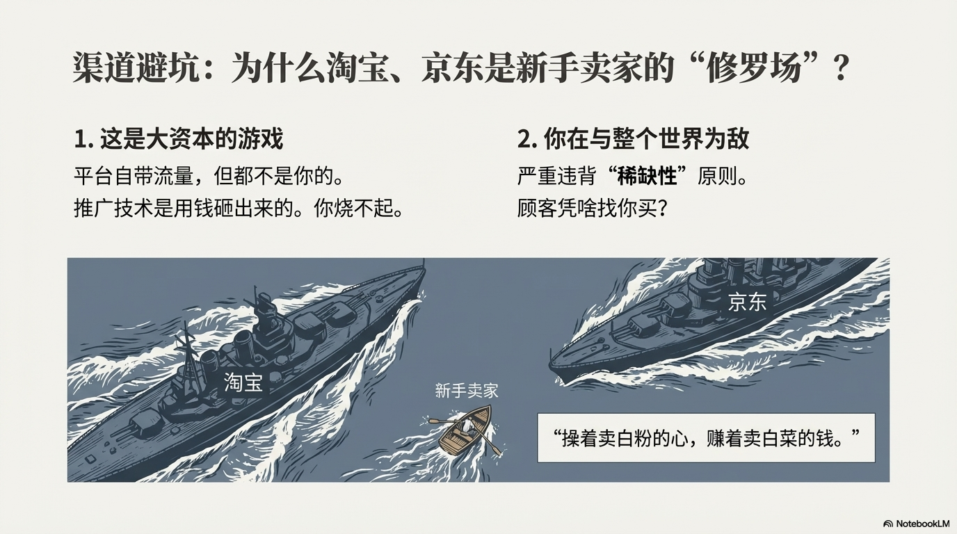 渠道避坑分析了淘宝、京东等大平台是新手卖家的困境，因为它们是大资本的游戏且缺乏稀缺性。