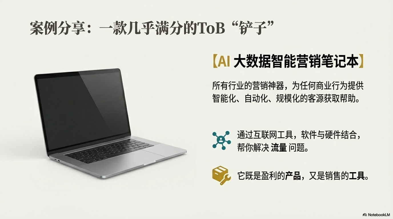 案例分享一款AI大数据智能营销笔记本，它作为ToB"铲子"，能够自动化解决各行业的客源和流量问题。