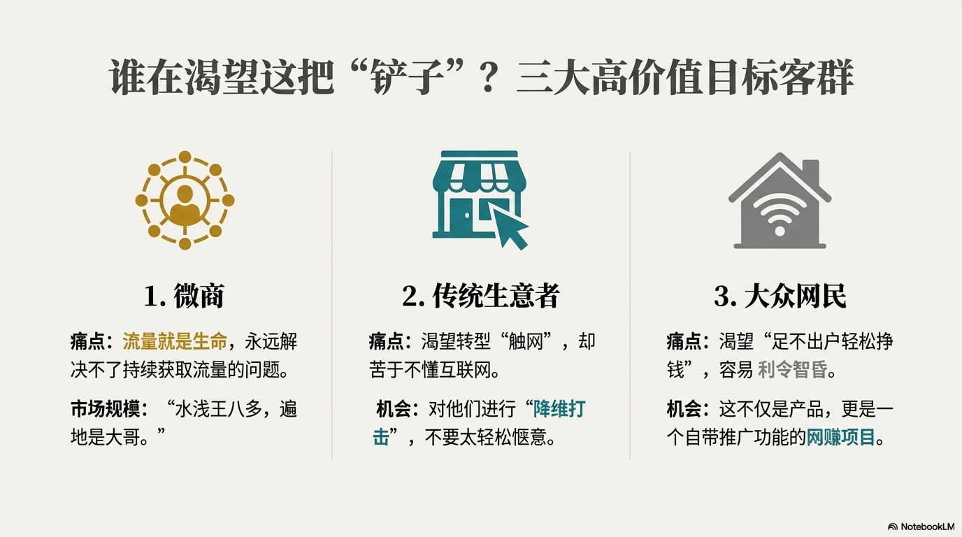 识别出渴望该ToB产品的三大高价值客群：微商、传统生意者和渴望网赚的大众网民。
